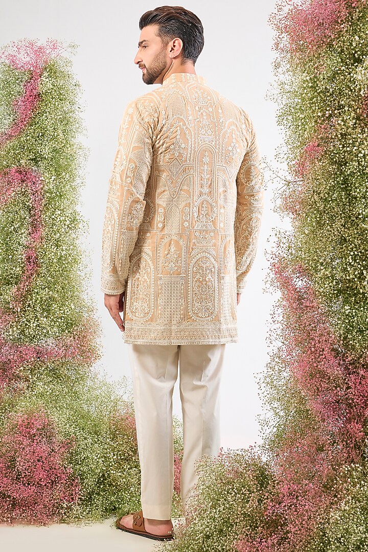 Beige Georgette Kashmiri Thread Work Short Kurta by Kasbah Clothing at Pernia's Pop Up Shop