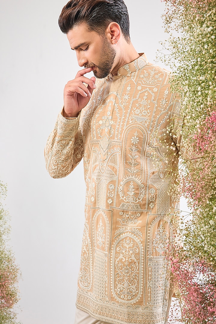 Beige Georgette Kashmiri Thread Work Short Kurta by Kasbah Clothing at Pernia's Pop Up Shop
