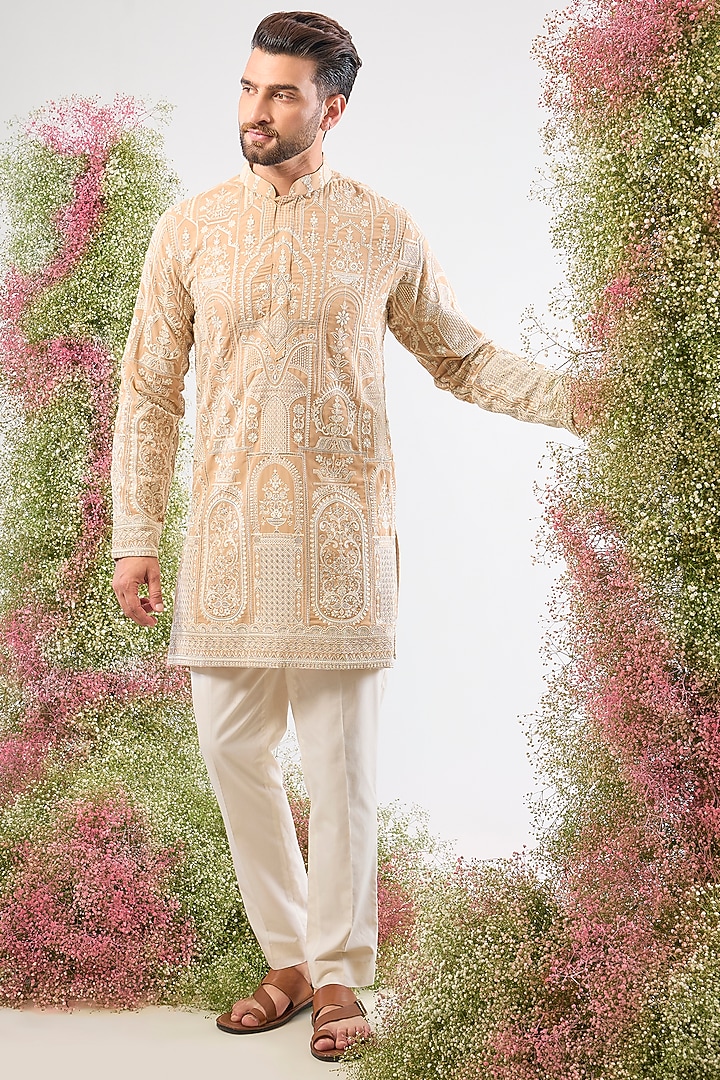 Beige Georgette Kashmiri Thread Work Short Kurta by Kasbah Clothing at Pernia's Pop Up Shop