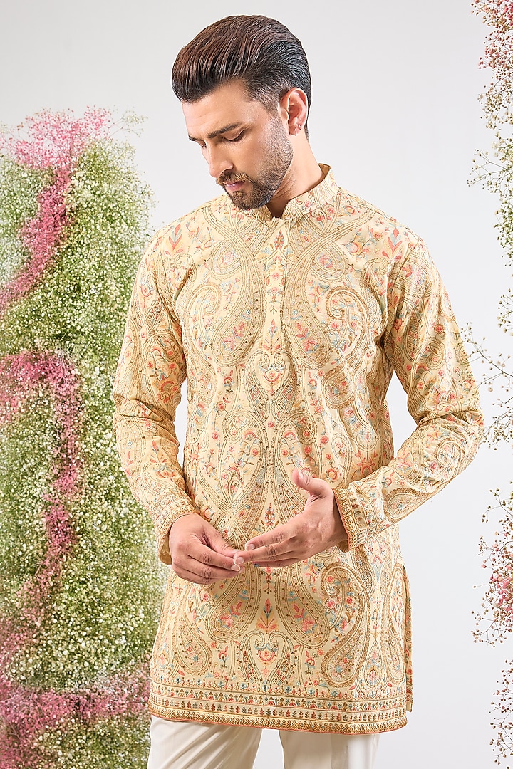 Beige Georgette Kashmiri Embroidered Short Kurta by Kasbah Clothing at Pernia's Pop Up Shop