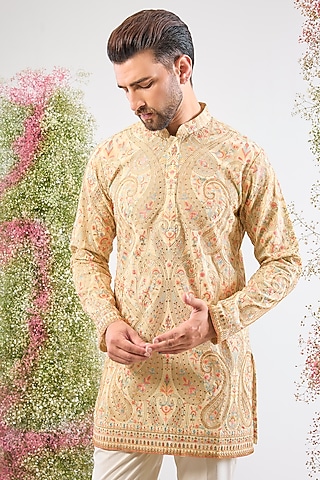 Beige Georgette Kashmiri Embroidered Short Kurta by Kasbah Clothing
