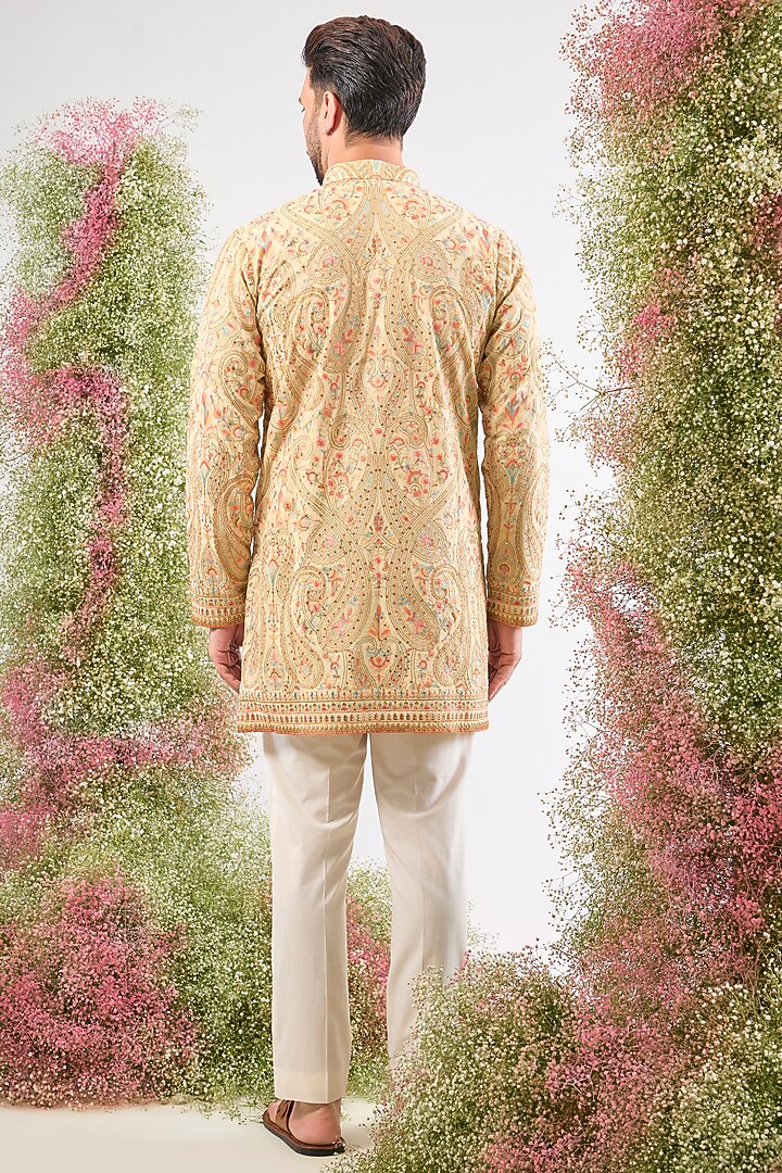 Beige Georgette Kashmiri Embroidered Short Kurta by Kasbah Clothing at Pernia's Pop Up Shop