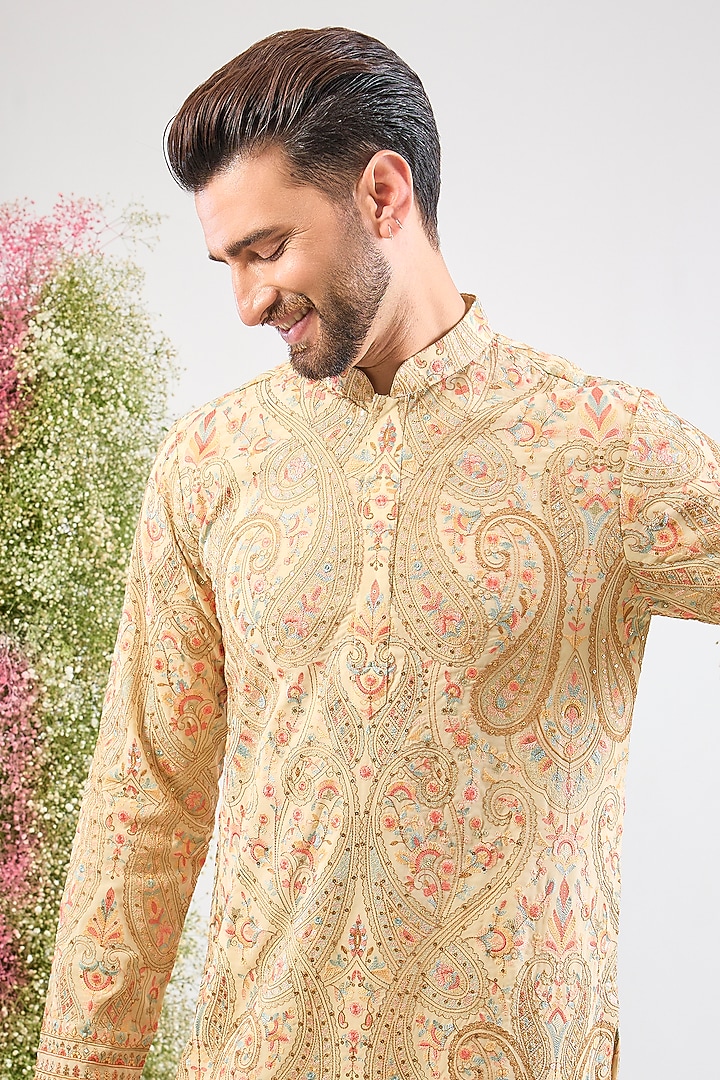 Beige Georgette Kashmiri Embroidered Short Kurta by Kasbah Clothing at Pernia's Pop Up Shop