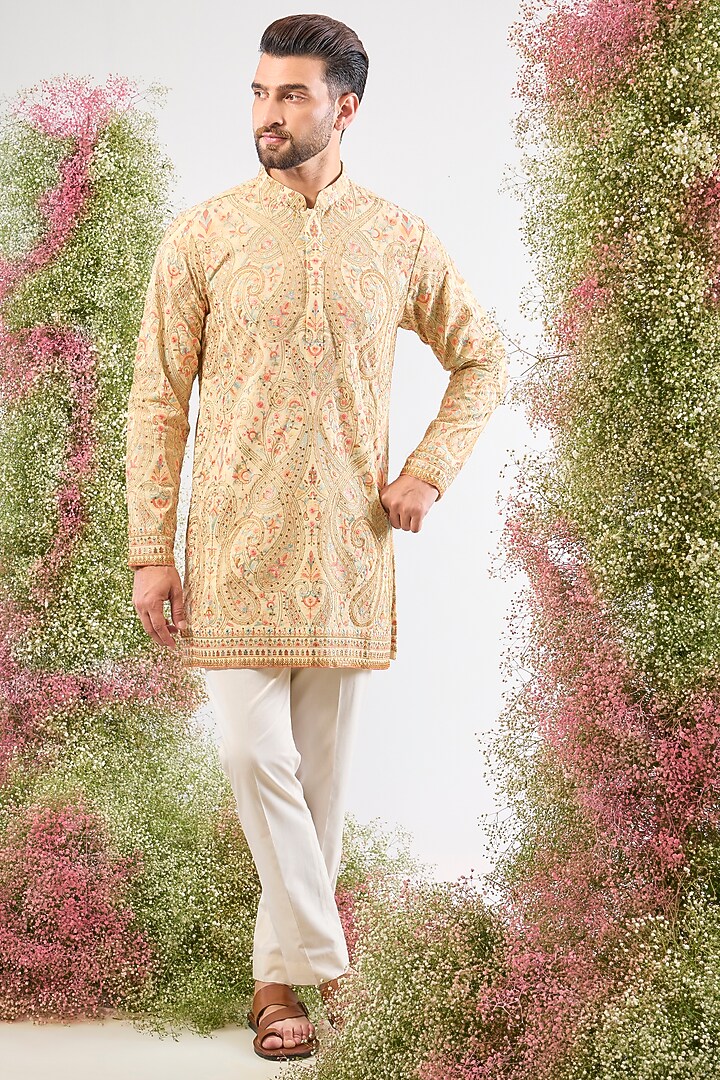 Beige Georgette Kashmiri Embroidered Short Kurta by Kasbah Clothing at Pernia's Pop Up Shop