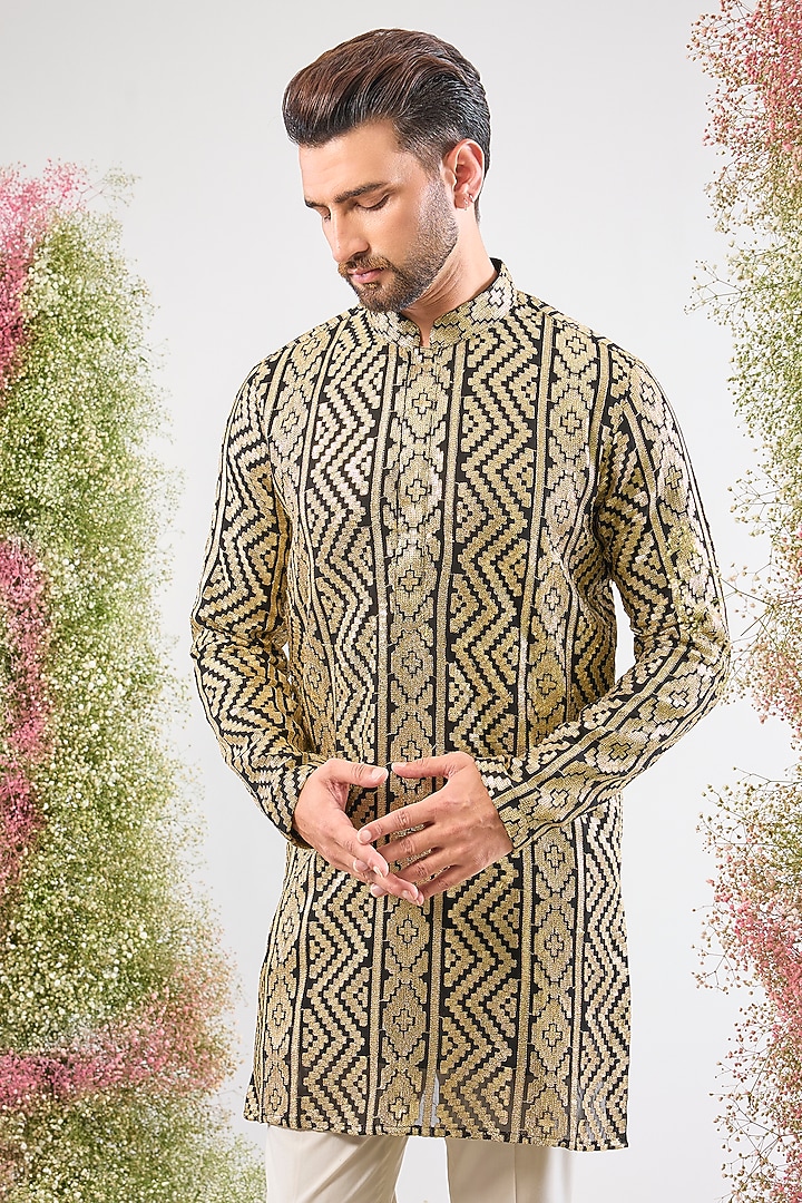 Black & Gold Georgette Sequin Work Short Kurta by Kasbah Clothing at Pernia's Pop Up Shop