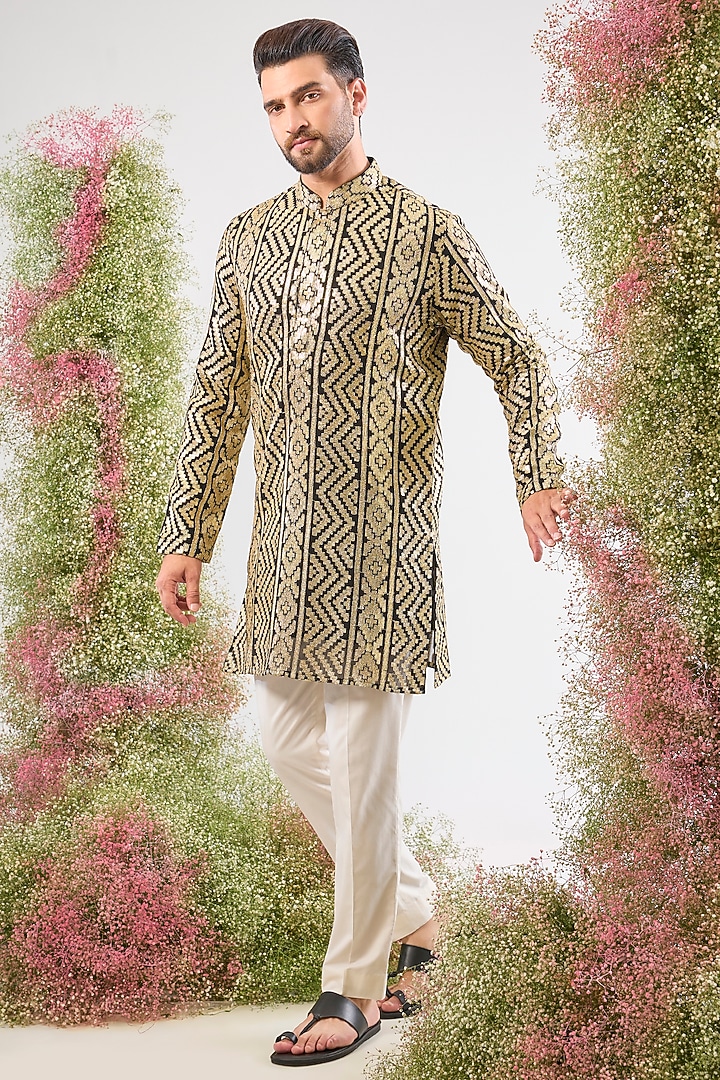 Black & Gold Georgette Sequin Work Short Kurta by Kasbah Clothing at Pernia's Pop Up Shop