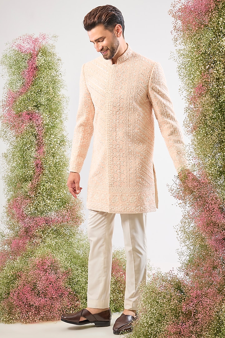 Pink Georgette Cutdana Hand Embroidered Wedding Sherwani by Kasbah Clothing at Pernia's Pop Up Shop