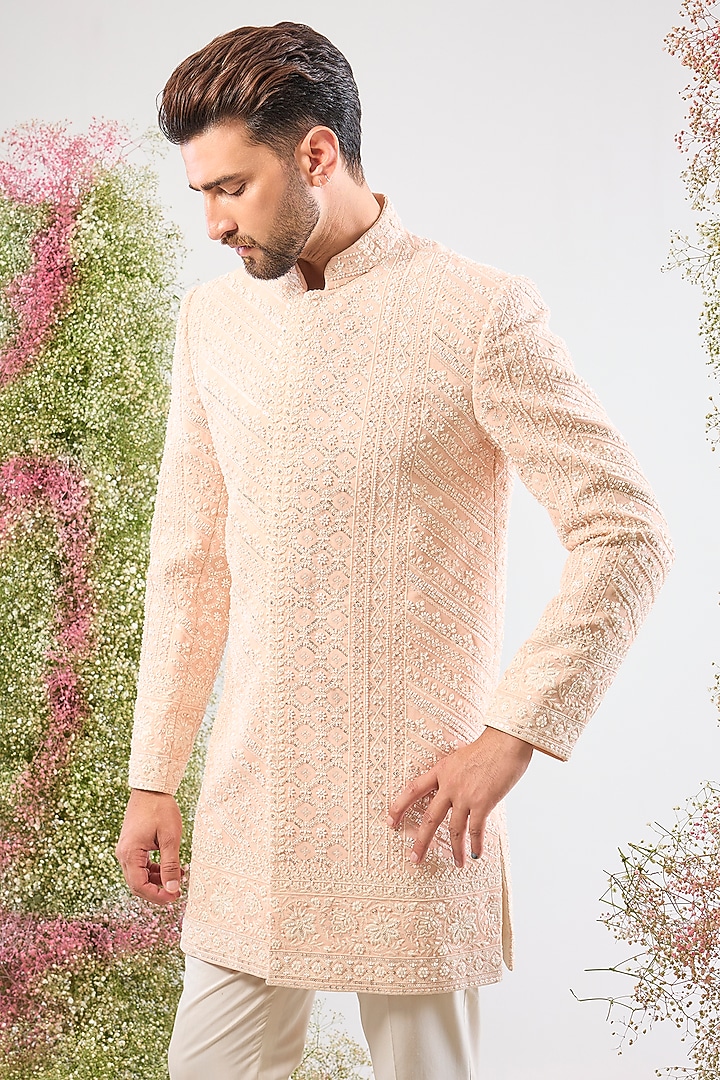 Pink Georgette Cutdana Hand Embroidered Wedding Sherwani by Kasbah Clothing at Pernia's Pop Up Shop