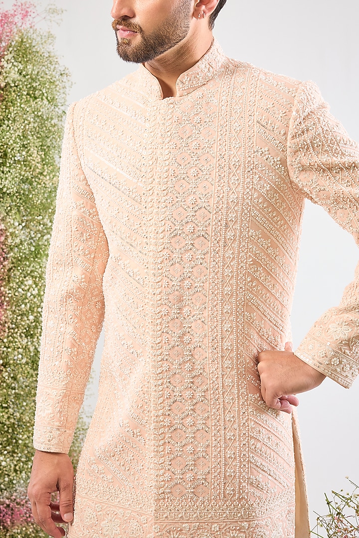 Pink Georgette Cutdana Hand Embroidered Wedding Sherwani by Kasbah Clothing at Pernia's Pop Up Shop