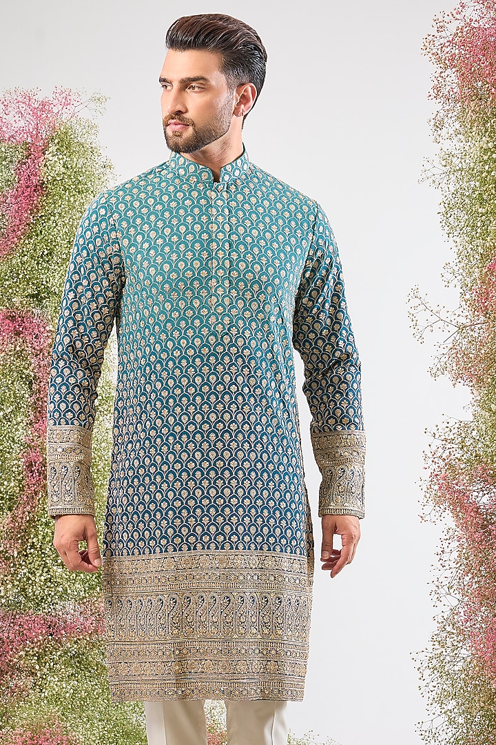 Blue Georgette Sequin Embroidered Ombre Short Kurta by Kasbah Clothing at Pernia's Pop Up Shop