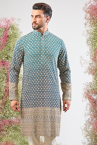 Blue Georgette Sequin Embroidered Ombre Short Kurta by Kasbah Clothing