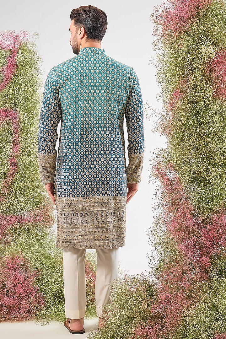 Blue Georgette Sequin Embroidered Ombre Short Kurta by Kasbah Clothing at Pernia's Pop Up Shop