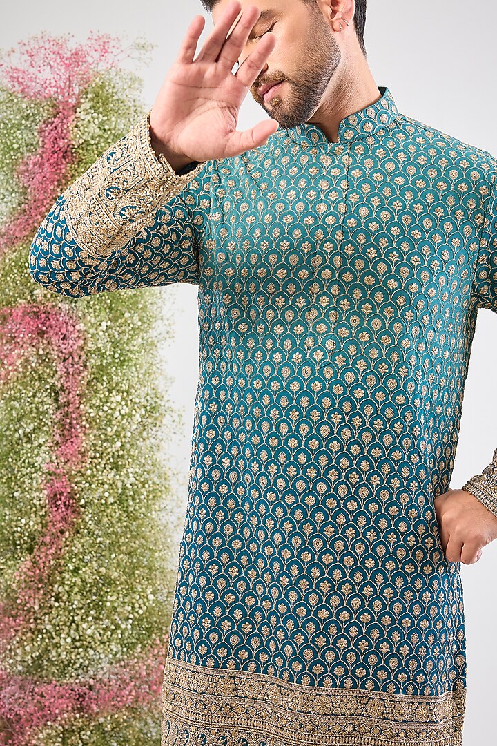Blue Georgette Sequin Embroidered Ombre Short Kurta by Kasbah Clothing at Pernia's Pop Up Shop