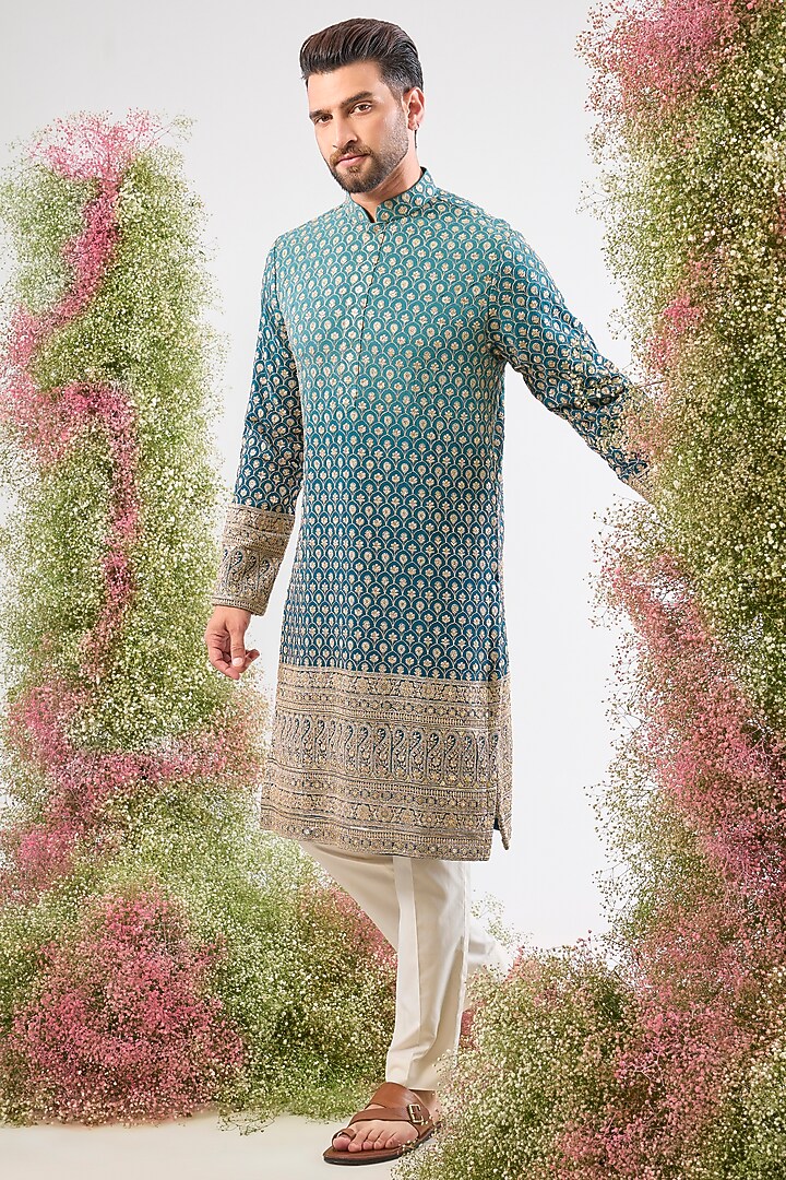 Blue Georgette Sequin Embroidered Ombre Short Kurta by Kasbah Clothing at Pernia's Pop Up Shop