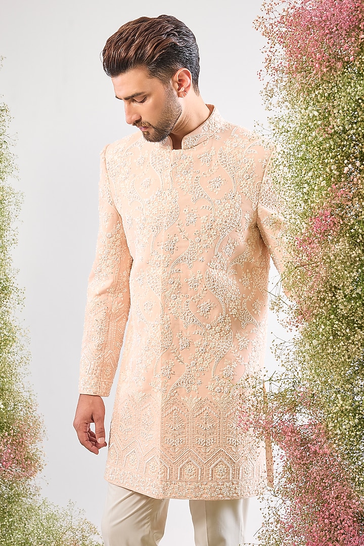 Pink Georgette Cutdana & Sequin Embroidered Wedding Sherwani by Kasbah Clothing at Pernia's Pop Up Shop