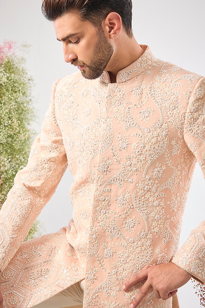 Pink Georgette Cutdana & Sequin Embroidered Wedding Sherwani by Kasbah Clothing at Pernia's Pop Up Shop