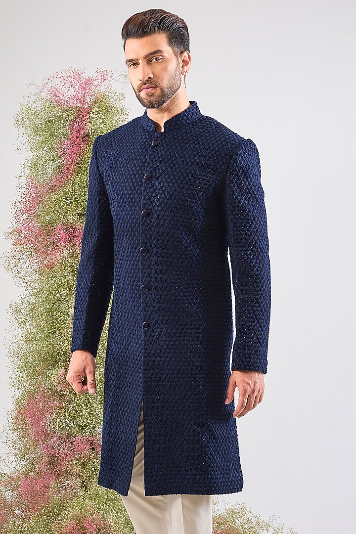 Navy Blue Silk Thread Work Wedding Sherwani by Kasbah Clothing at Pernia's Pop Up Shop