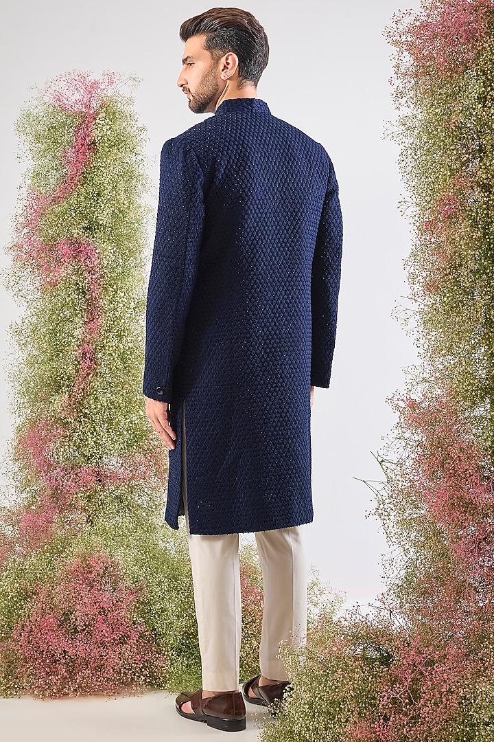 Navy Blue Silk Thread Work Wedding Sherwani by Kasbah Clothing at Pernia's Pop Up Shop