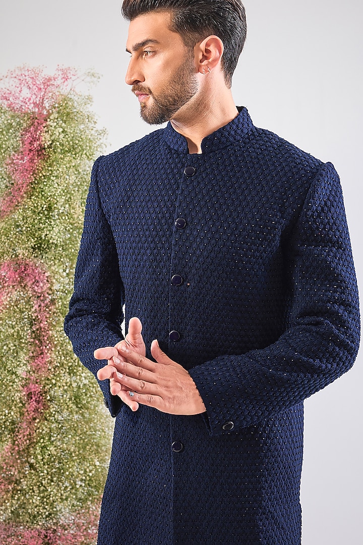 Navy Blue Silk Thread Work Wedding Sherwani by Kasbah Clothing at Pernia's Pop Up Shop