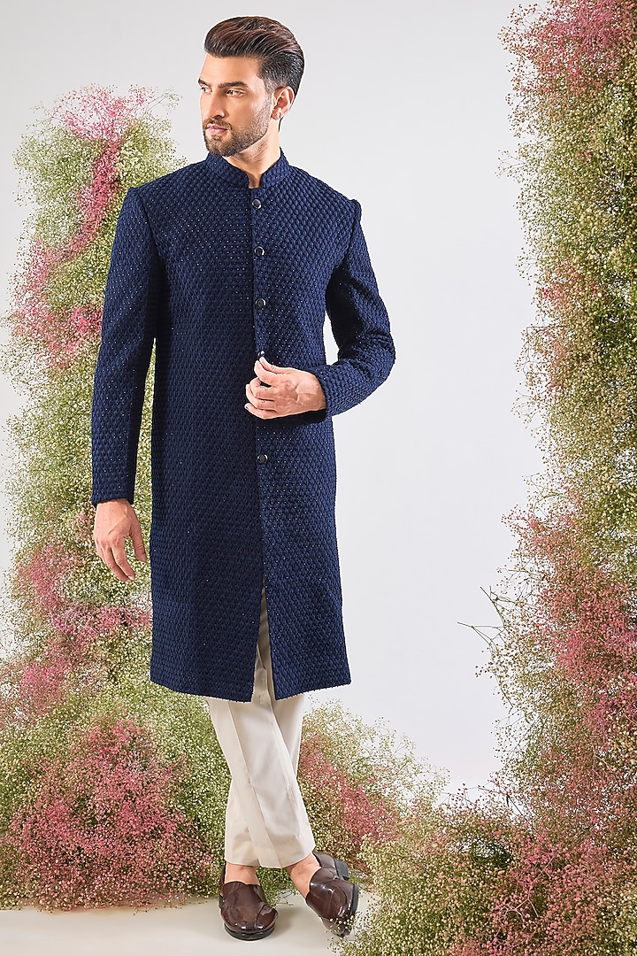 Navy Blue Silk Thread Work Wedding Sherwani by Kasbah Clothing at Pernia's Pop Up Shop