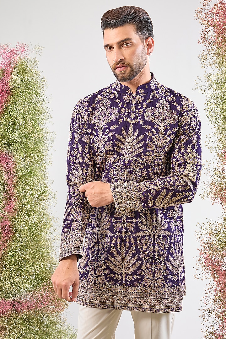 Purple Silk Zari & Sequin Embroidered Kurta by Kasbah Clothing at Pernia's Pop Up Shop