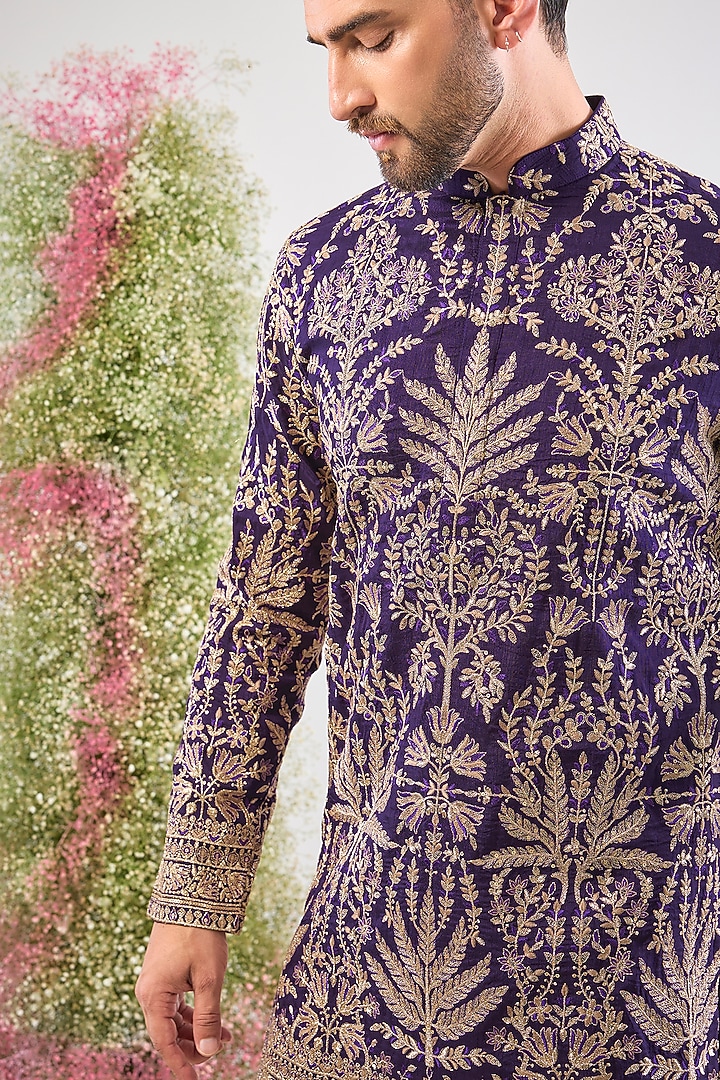 Purple Silk Zari & Sequin Embroidered Kurta by Kasbah Clothing at Pernia's Pop Up Shop