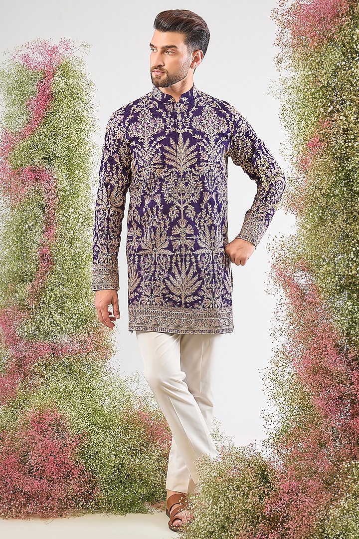Purple Silk Zari & Sequin Embroidered Kurta by Kasbah Clothing at Pernia's Pop Up Shop