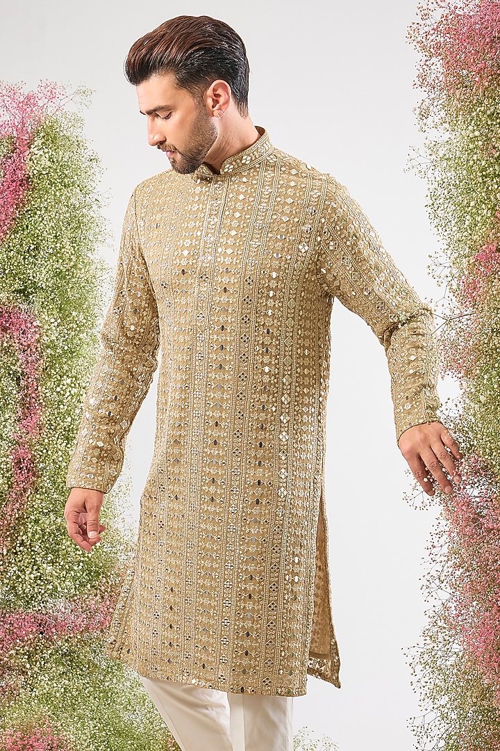 Beige Georgette Mirror Work Short Kurta by Kasbah Clothing at Pernia's Pop Up Shop