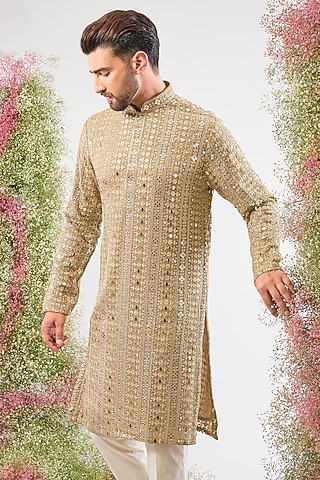Beige Georgette Mirror Work Short Kurta by Kasbah Clothing