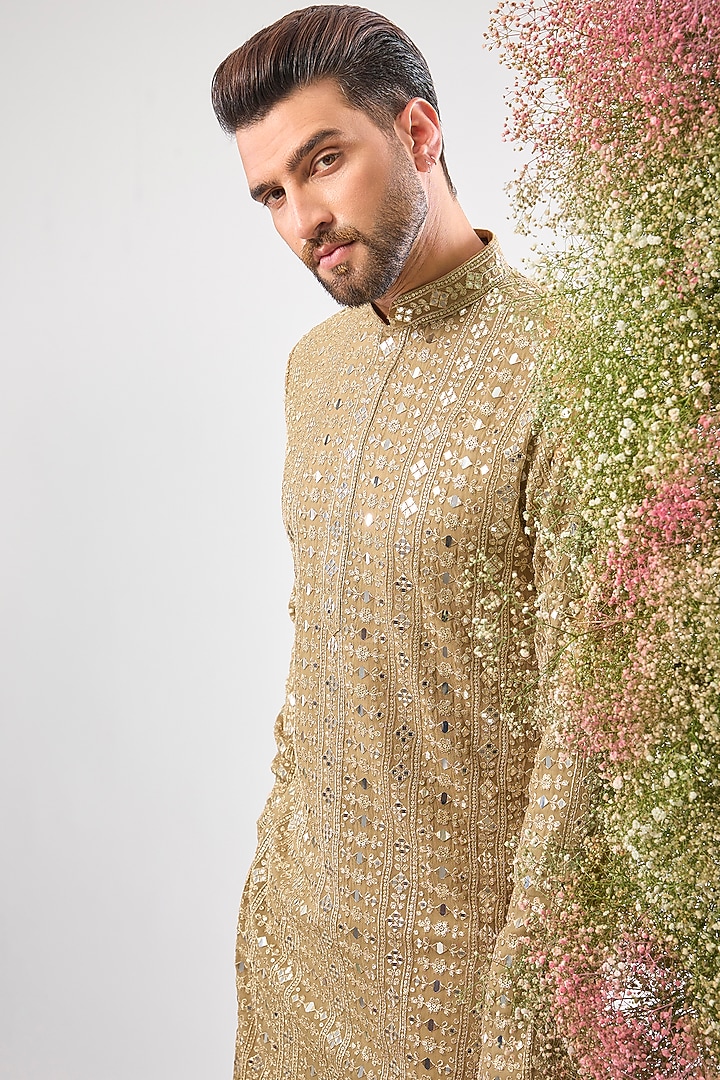 Beige Georgette Mirror Work Short Kurta by Kasbah Clothing at Pernia's Pop Up Shop