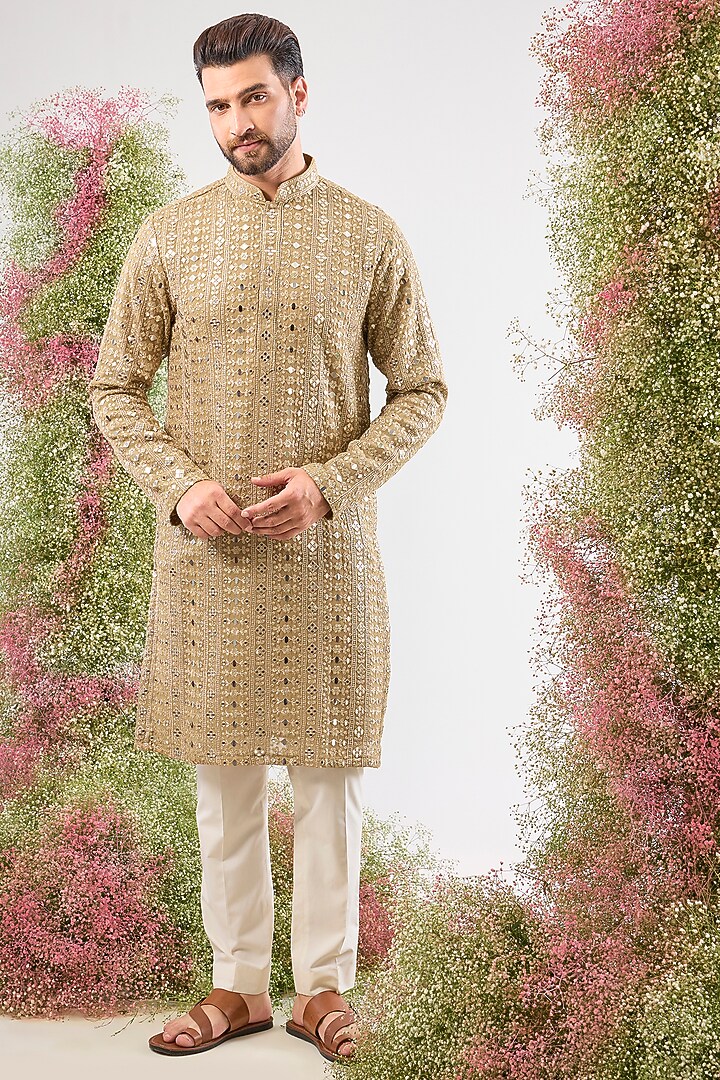 Beige Georgette Mirror Work Short Kurta by Kasbah Clothing at Pernia's Pop Up Shop