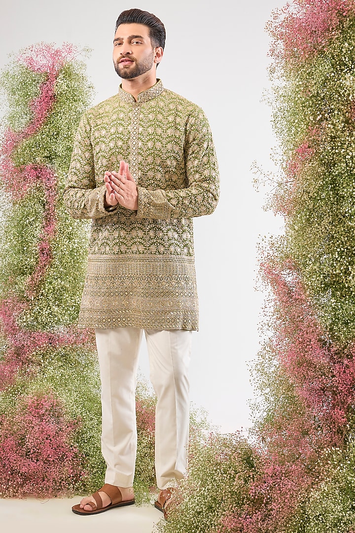 Green Georgette Zari Work Ombre Kurta by Kasbah Clothing at Pernia's Pop Up Shop