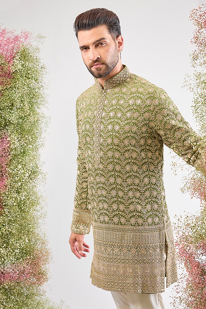 Green Georgette Zari Work Ombre Kurta by Kasbah Clothing at Pernia's Pop Up Shop