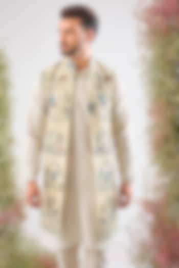 Beige Georgette Floral Embroidered Jacket by Kasbah Clothing at Pernia's Pop Up Shop