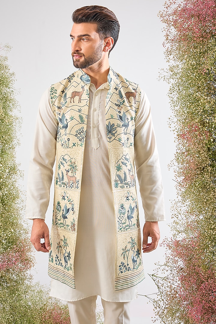 Beige Georgette Floral Embroidered Jacket by Kasbah Clothing at Pernia's Pop Up Shop