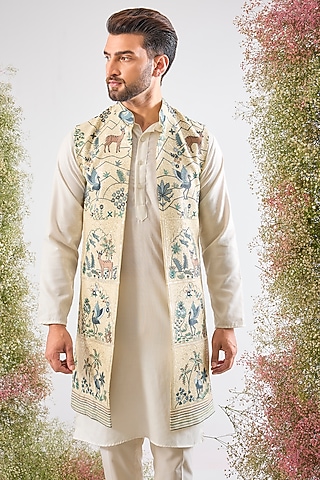 Beige Georgette Floral Embroidered Jacket by Kasbah Clothing