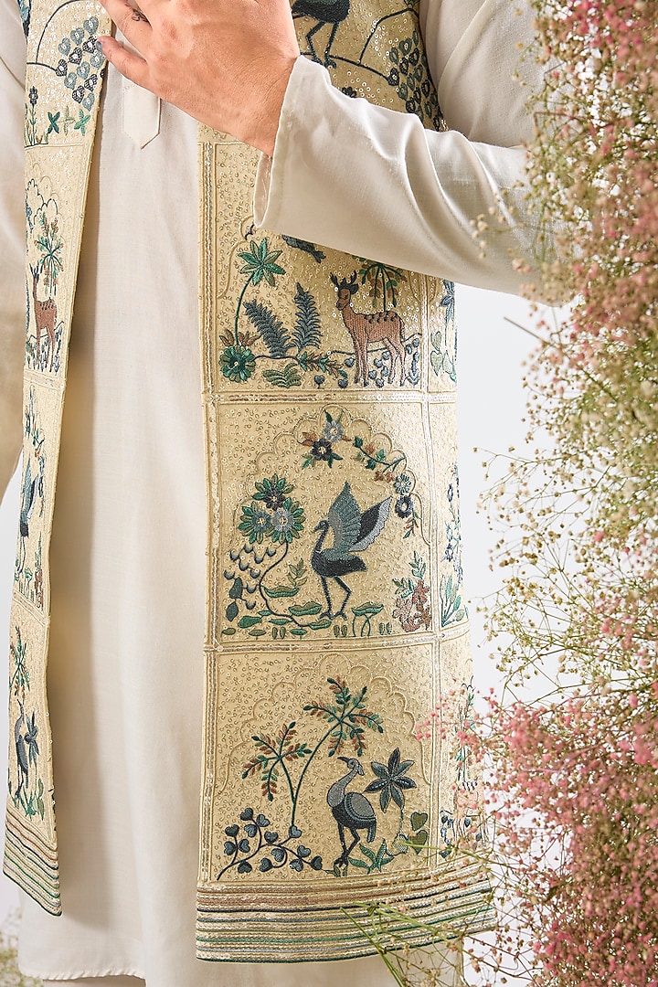 Beige Georgette Floral Embroidered Jacket by Kasbah Clothing at Pernia's Pop Up Shop