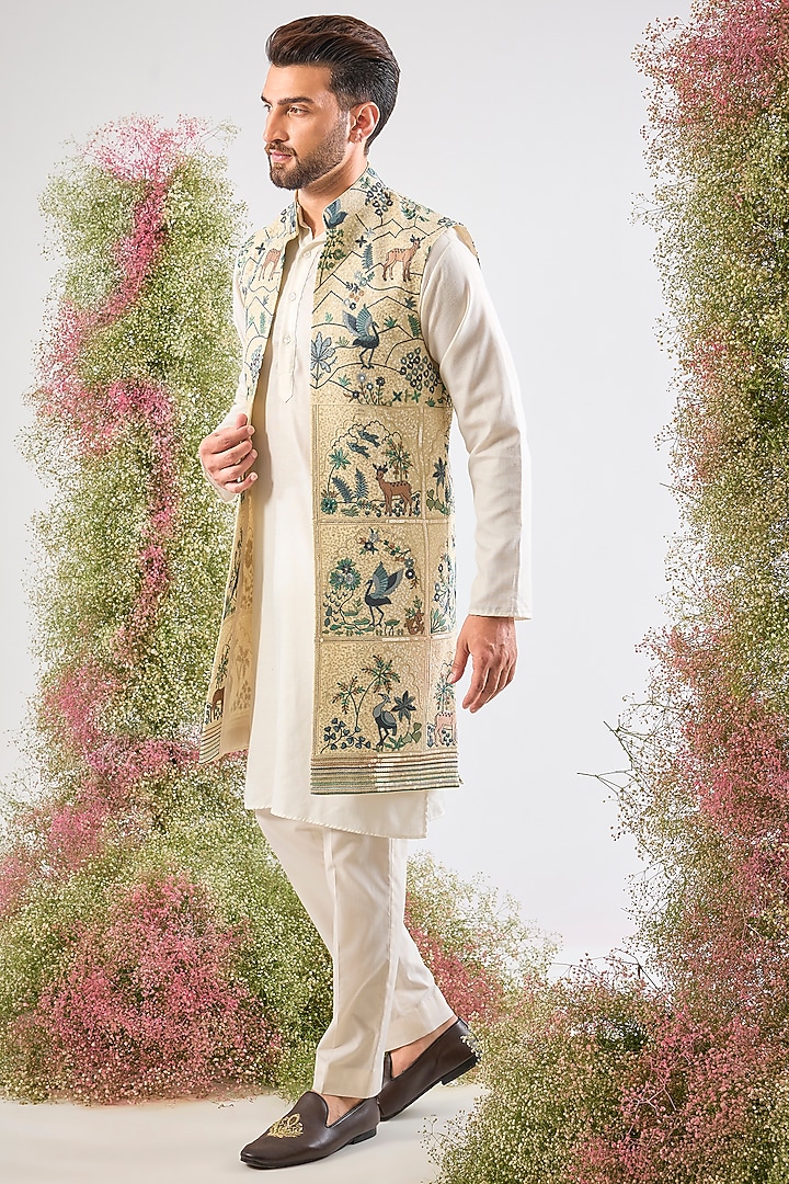 Beige Georgette Floral Embroidered Jacket by Kasbah Clothing at Pernia's Pop Up Shop
