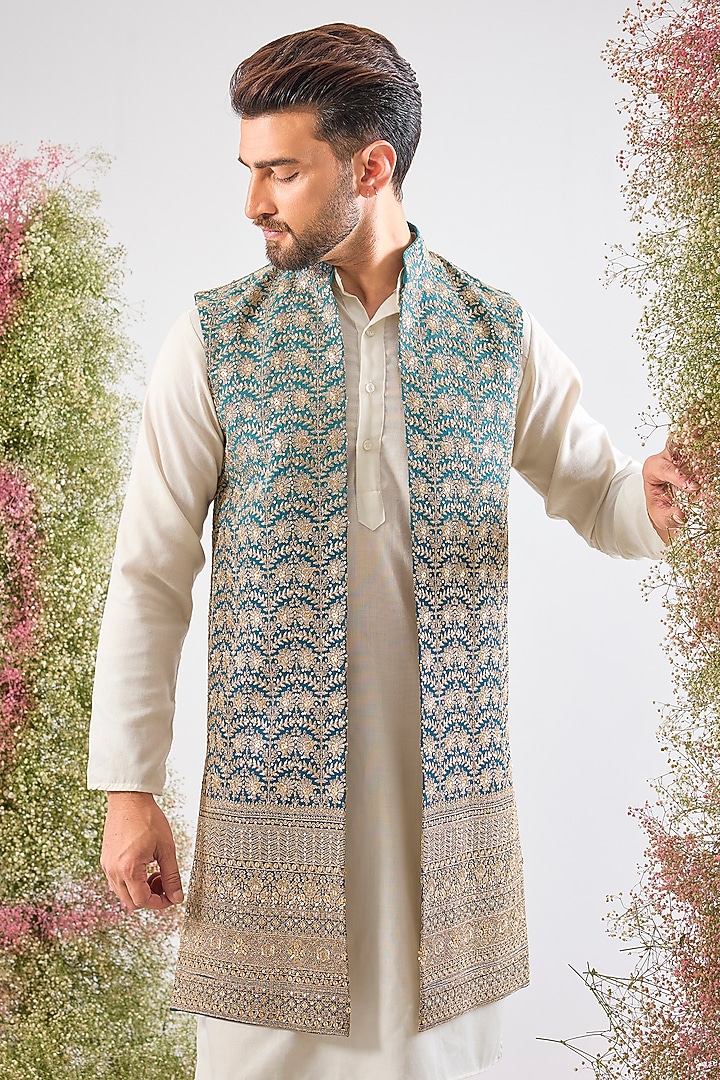 Blue Georgette Zari & Sequin Work Jacket by Kasbah Clothing at Pernia's Pop Up Shop