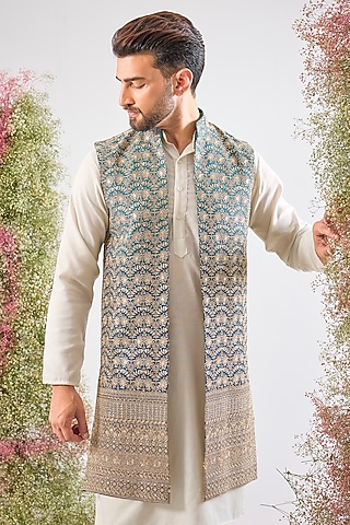 Blue Georgette Zari & Sequin Work Jacket by Kasbah Clothing