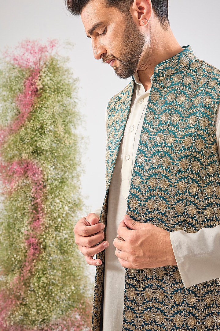 Blue Georgette Zari & Sequin Work Jacket by Kasbah Clothing at Pernia's Pop Up Shop
