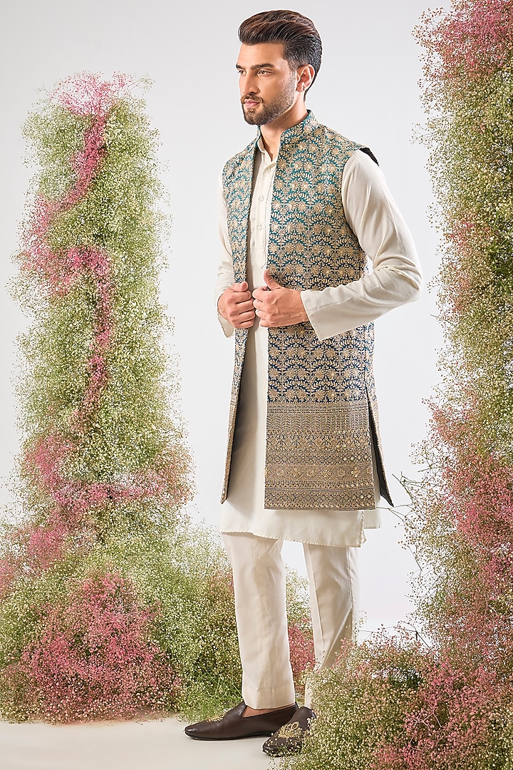 Blue Georgette Zari & Sequin Work Jacket by Kasbah Clothing at Pernia's Pop Up Shop