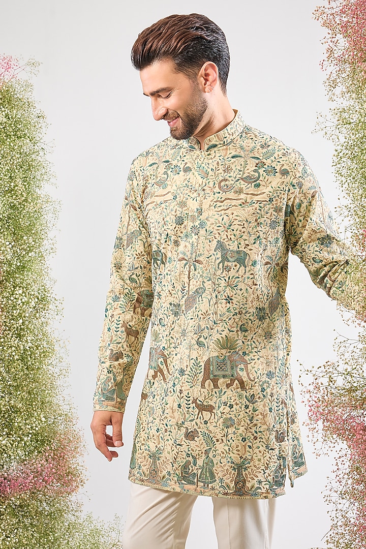 Beige Georgette Kashmiri Embroidered Kurta by Kasbah Clothing at Pernia's Pop Up Shop
