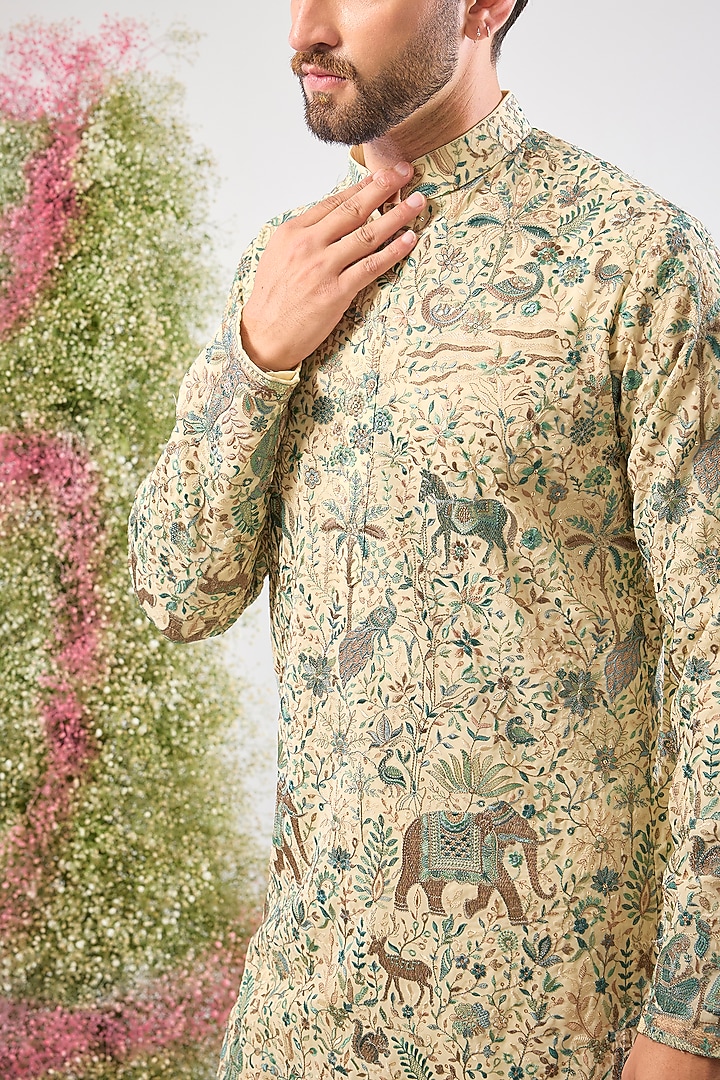 Beige Georgette Kashmiri Embroidered Kurta by Kasbah Clothing at Pernia's Pop Up Shop