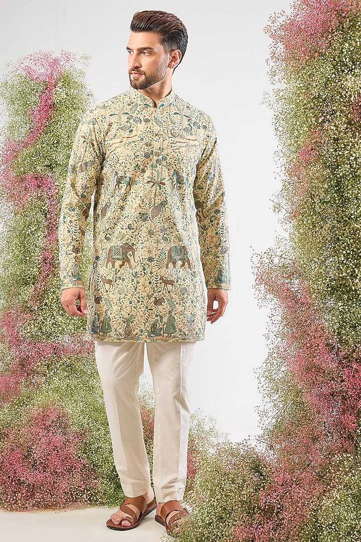 Beige Georgette Kashmiri Embroidered Kurta by Kasbah Clothing at Pernia's Pop Up Shop