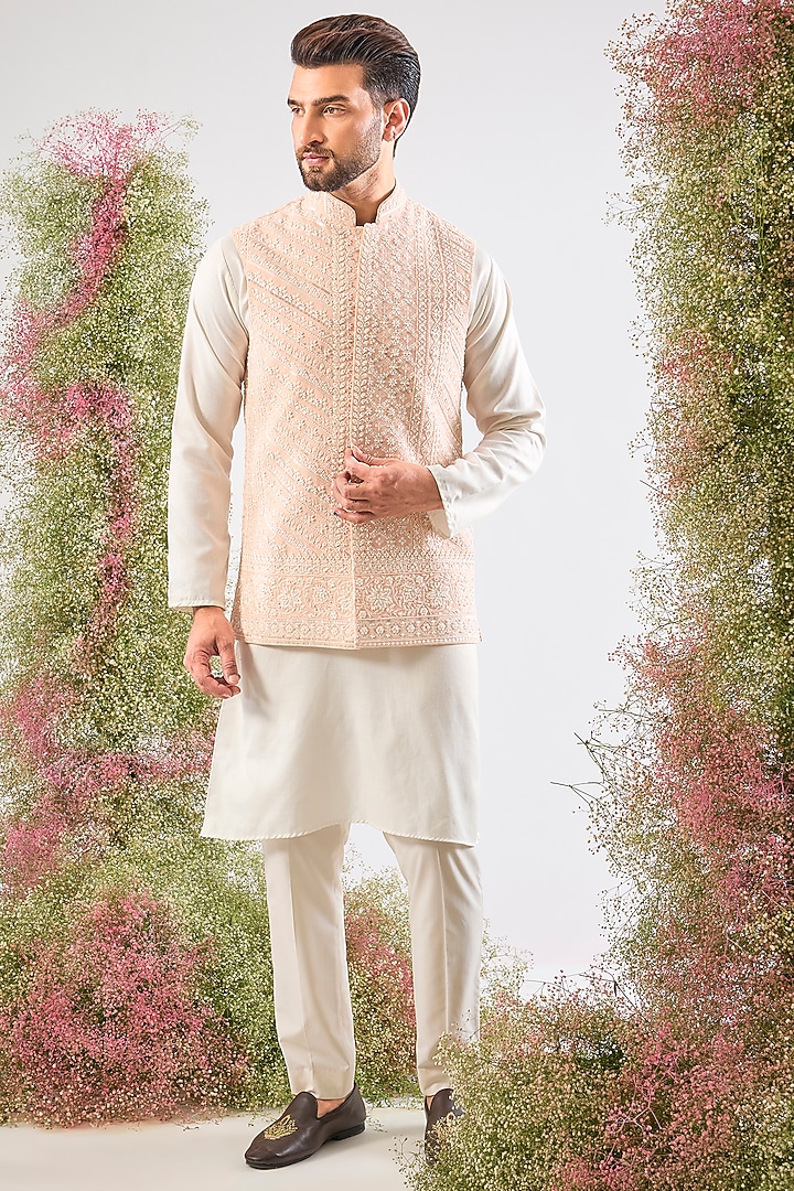 Pink Georgette Cutdana Hand Work Nehru Jacket by Kasbah Clothing at Pernia's Pop Up Shop