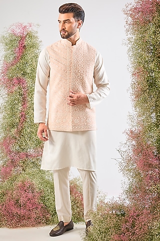 Pink Georgette Cutdana Hand Work Nehru Jacket by Kasbah Clothing