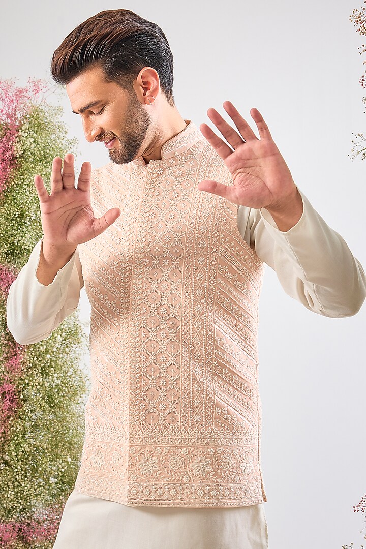 Pink Georgette Cutdana Hand Work Nehru Jacket by Kasbah Clothing at Pernia's Pop Up Shop