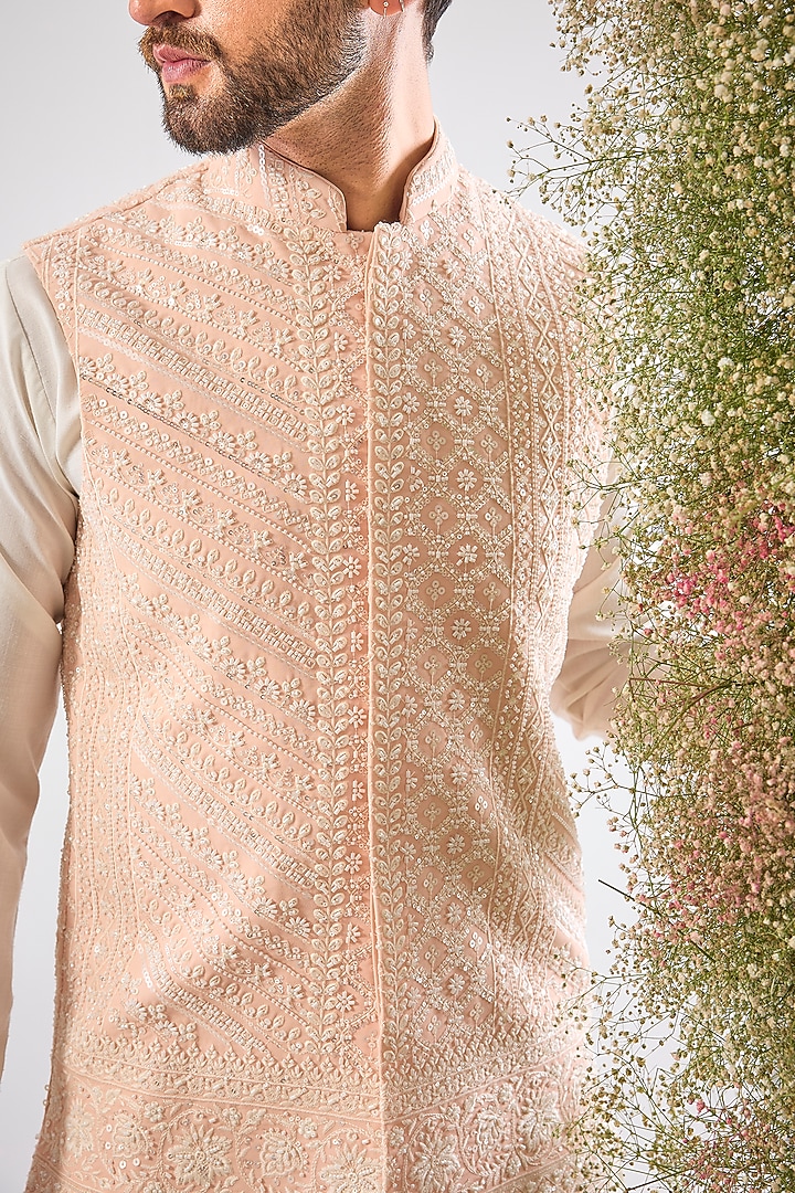 Pink Georgette Cutdana Hand Work Nehru Jacket by Kasbah Clothing at Pernia's Pop Up Shop