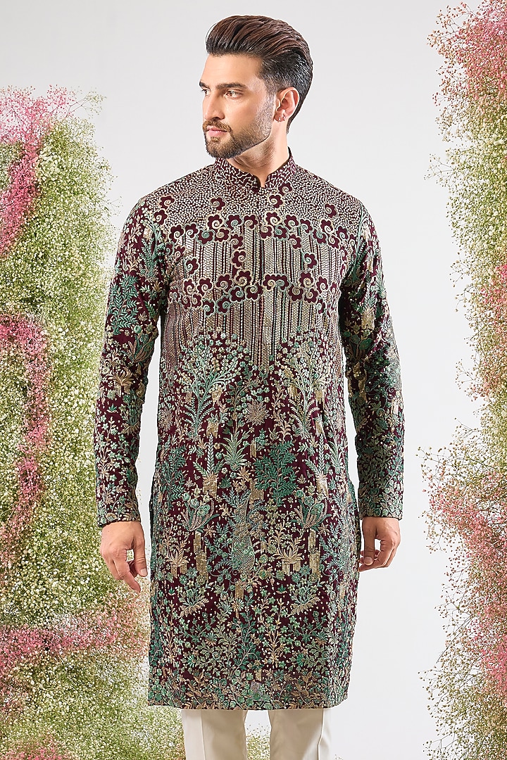 Wine Georgette Sequin & Floral Embroidered Kurta by Kasbah Clothing at Pernia's Pop Up Shop